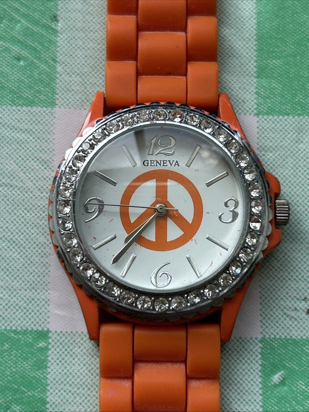 Geneva Peace Sign Orange Band Women’s Quartz Watch
